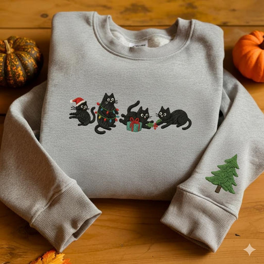 Christmas Cute Cat Embroidered Sweatshirt | Funny Holiday Cat Lover Hoodie | Cozy Embroidered Christmas Sweater