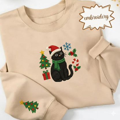 Funny Christmas Cat Embroidered Sweatshirt | Holiday Cat Lover Hoodie | Cute Embroidered Christmas Sweater Gift