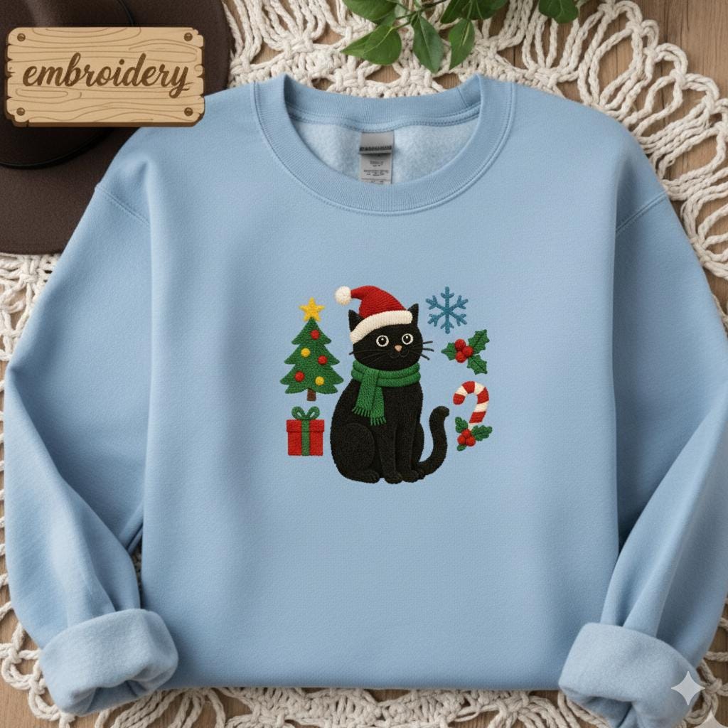Funny Christmas Cat Embroidered Sweatshirt | Holiday Cat Lover Hoodie | Cute Embroidered Christmas Sweater Gift