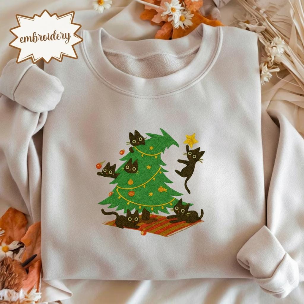 Catmas Embroidered Christmas Sweatshirt, Cute Cat Lover Shirt, Meowy Christmas Hoodie, Cozy Embroidery Sweater, Gift for Cat Mom