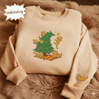Orange Cat Embroidered Christmas Sweatshirt, Funny Embroidery Cat Shirt, Cute Orange Cat Lover Hoodie, Meowy Christmas Sweater Gift