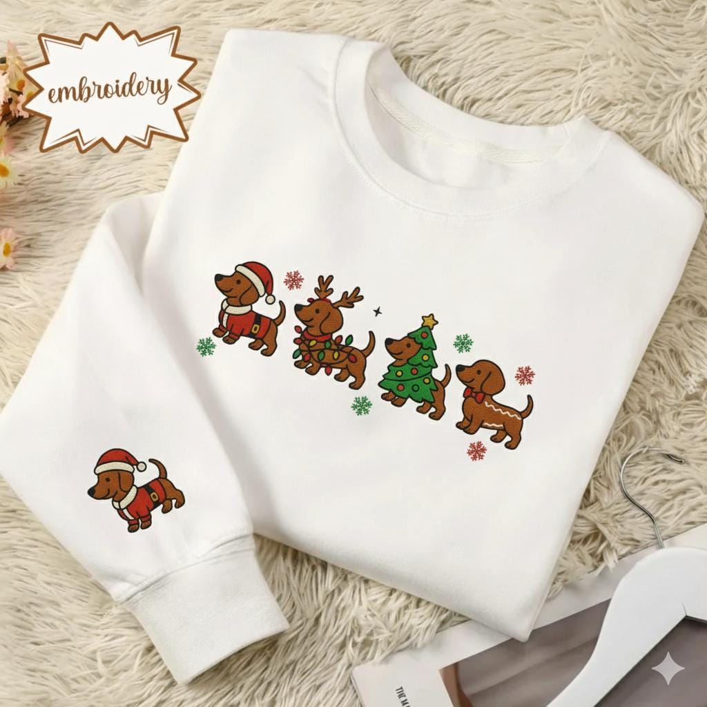 Christmas Dachshund Embroidered Sweatshirt | Holiday Dog Lover Embroidery Shirt | Cute Wiener Dog Christmas Sweater Gift