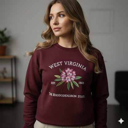 Embroidered West Virginia Rhododendron Sweatshirt – State Flower Embroidery Shirt, Custom West Virginia 1863 Crewneck Gift