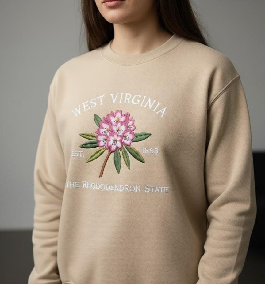 Embroidered West Virginia Rhododendron Sweatshirt – State Flower Embroidery Shirt, Custom West Virginia 1863 Crewneck Gift