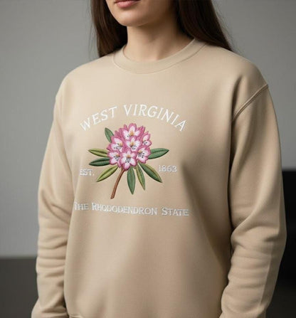 Embroidered West Virginia Rhododendron Sweatshirt – State Flower Embroidery Shirt, Custom West Virginia 1863 Crewneck Gift