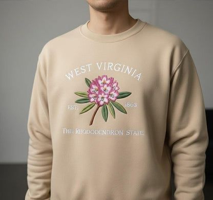 Embroidered West Virginia Rhododendron Sweatshirt – State Flower Embroidery Shirt, Custom West Virginia 1863 Crewneck Gift