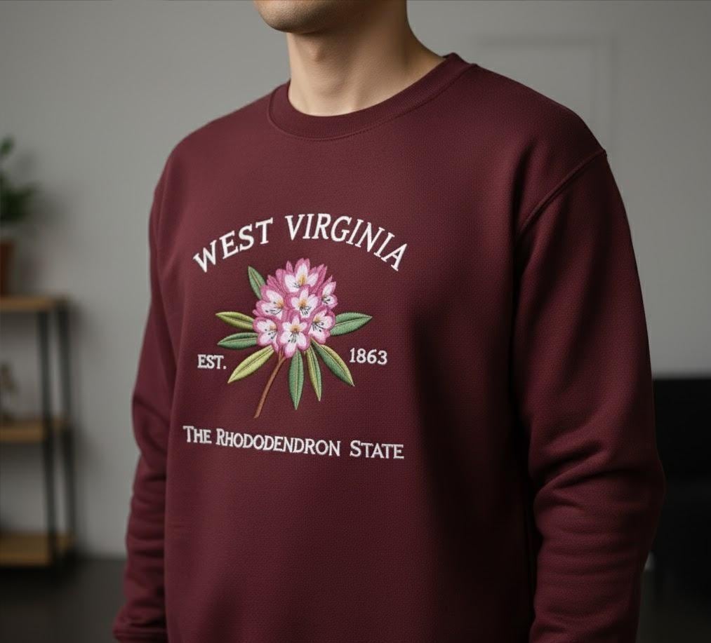 Embroidered West Virginia Rhododendron Sweatshirt – State Flower Embroidery Shirt, Custom West Virginia 1863 Crewneck Gift