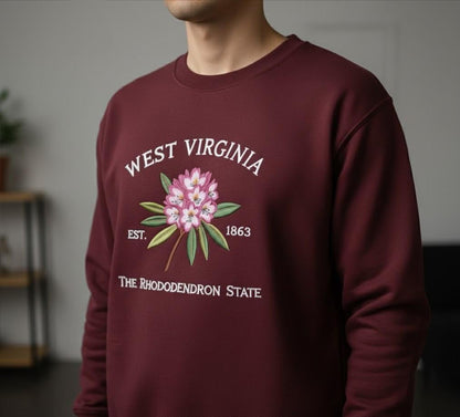 Embroidered West Virginia Rhododendron Sweatshirt – State Flower Embroidery Shirt, Custom West Virginia 1863 Crewneck Gift