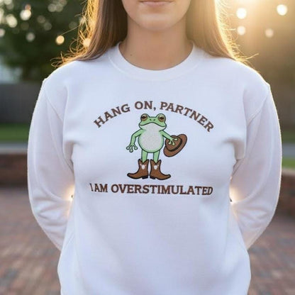 Cowboy Frog Embroidered Sweatshirt – Overstimulated Frog Shirt, Funny Gen Z Aesthetic Crewneck, Trendy Cowboy Embroidery Gift