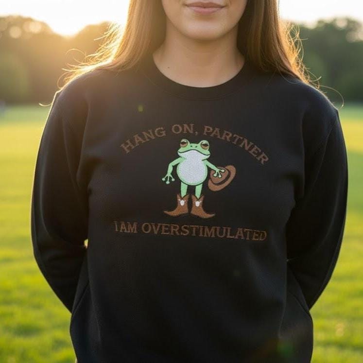 Cowboy Frog Embroidered Sweatshirt – Overstimulated Frog Shirt, Funny Gen Z Aesthetic Crewneck, Trendy Cowboy Embroidery Gift