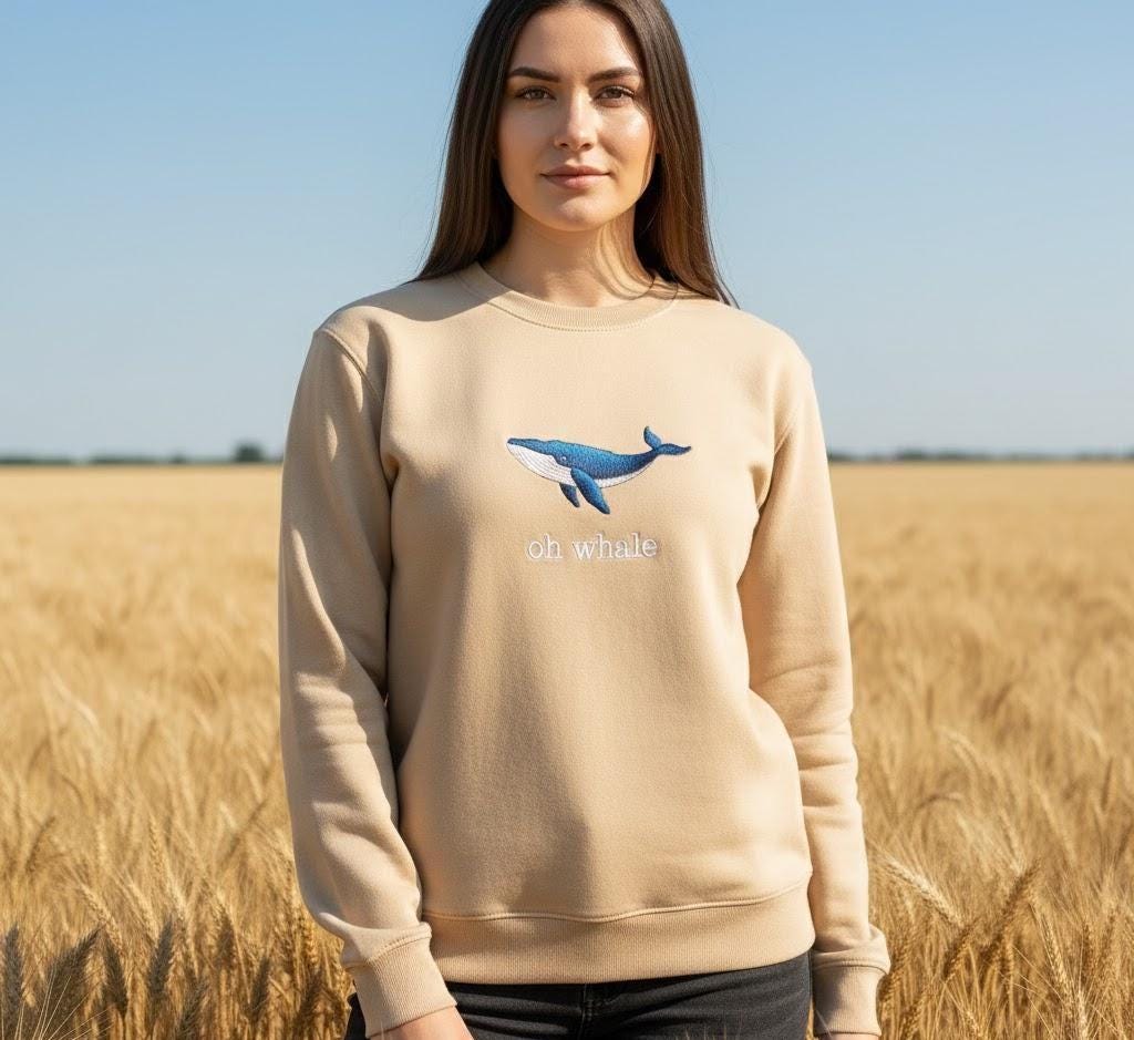 Oh Whale Embroidered Tee – Cute Funny Summer Shirt, Ocean Lover Gift, Beach Aesthetic Embroidery T-Shirt for Coastal Vibes