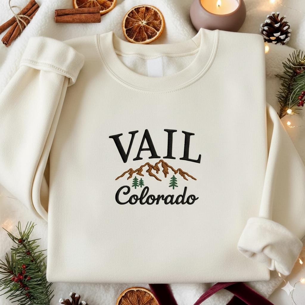 Mountain Adventure Embroidery Sweatshirt, Vail Colorado Crewneck, Cozy Travel Hiking Gift for Her Him