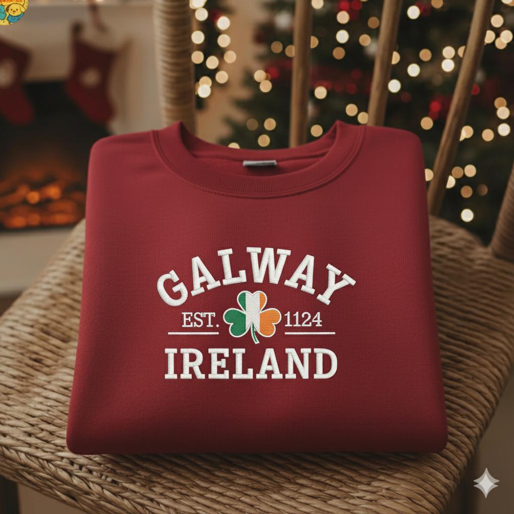 Galway Ireland Embroidered Sweatshirt, St. Patrick’s Day Crewneck, Irish Heritage Embroidery Gift