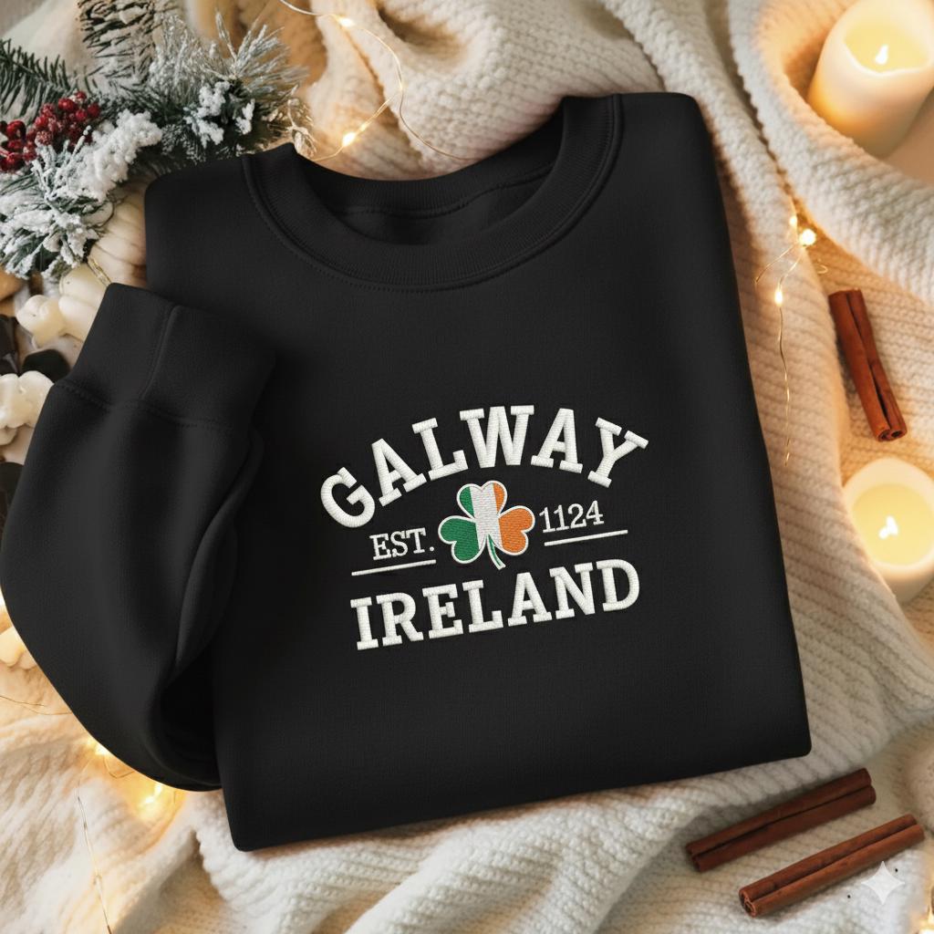 Galway Ireland Embroidered Sweatshirt, St. Patrick’s Day Crewneck, Irish Heritage Embroidery Gift