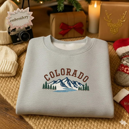 Mountain Graphic Embroidery Sweatshirt, Colorado Crewneck, Cozy Hiking Nature Gift for Her Him