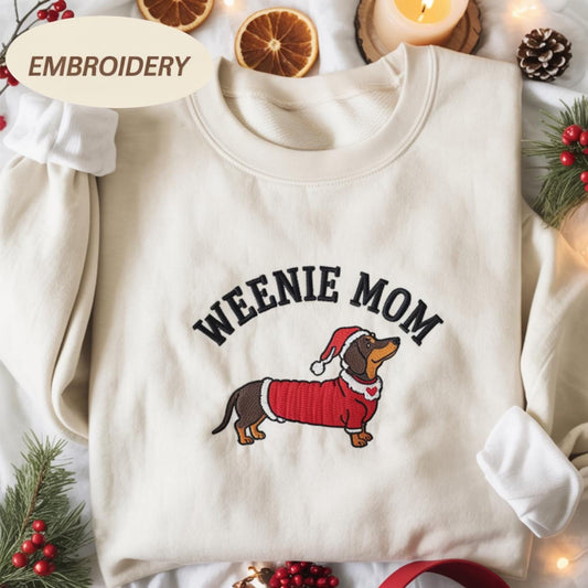 Embroidered Christmas Dachshund Sweatshirt, Weenie Mom Crewneck Sweatshirt, Funny Dachshund Owner Gift, Wiener Dog Mom Sweatshirt, Dachshund
