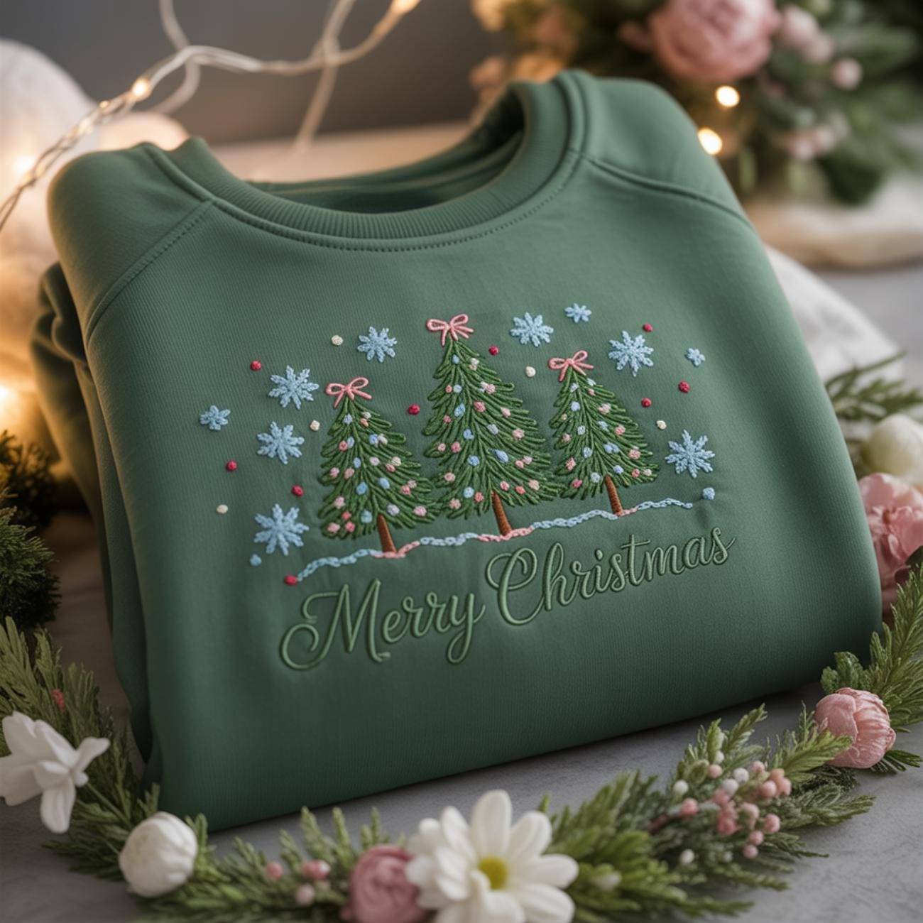 Embroidered Merry Christmas Sweatshirt, Festive Holiday Shirt, Green Merry Christmas Shirt Embroidered, Cute Pastel Christmas Tree Shirt