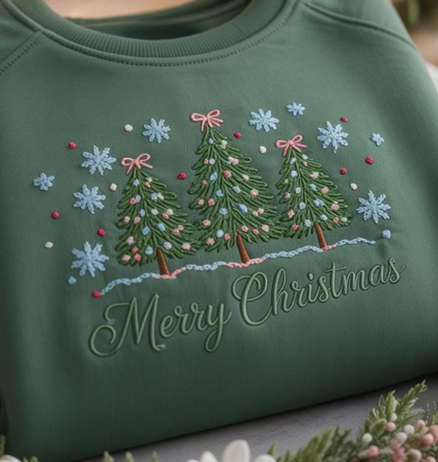Embroidered Merry Christmas Sweatshirt, Festive Holiday Shirt, Green Merry Christmas Shirt Embroidered, Cute Pastel Christmas Tree Shirt