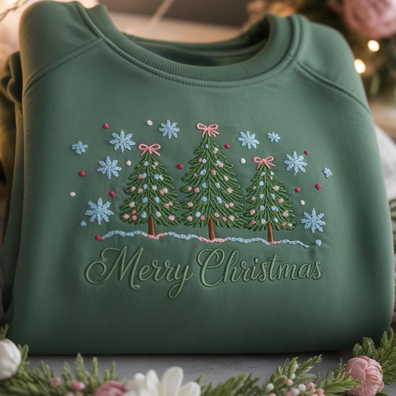 Embroidered Merry Christmas Sweatshirt, Festive Holiday Shirt, Green Merry Christmas Shirt Embroidered, Cute Pastel Christmas Tree Shirt
