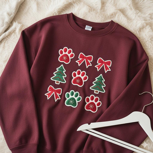 Embroidered Dog Christmas Sweatshirt | Dog Lover Coquette Holiday Shirt | Cute Dog Mom Embroidery Sweater Gift