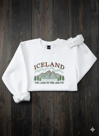Iceland Embroidered Sweatshirt, Land of Fire and Ice Crewneck, Nordic Travel Sweater, Adventure Gift, Cozy Winter Travel Shirt