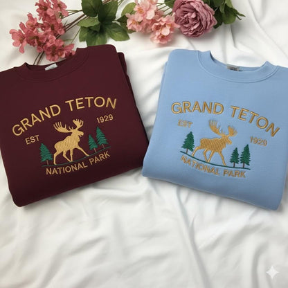 Grand Teton National Park Embroidered Sweatshirt, Mountain Adventure Crewneck, Nature Lovers, Outdoor Hiking Sweater, Wyoming Travel Shirt