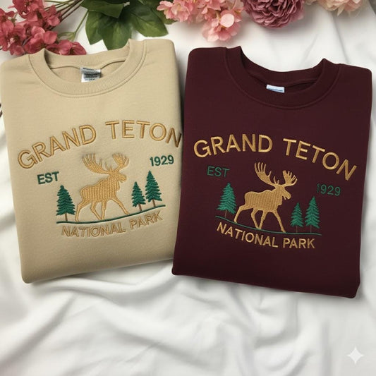 Grand Teton National Park Embroidered Sweatshirt, Mountain Adventure Crewneck, Nature Lovers, Outdoor Hiking Sweater, Wyoming Travel Shirt