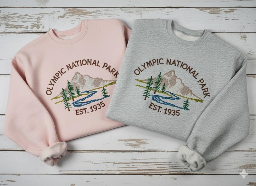 Olympic National Park Embroidered Sweatshirt, River & Mountain Crewneck, Snowy Peak Tee, PNW Outdoor Adventure Sweater, Nature Lover Gift