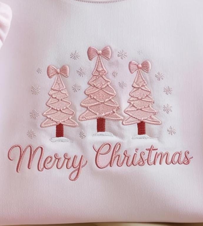 Pink Merry Christmas Sweatshirt Embroidered | Cute Pastel Christmas Tree Sweater | Cozy Holiday Gift for Her | Soft Pink Winter Crewneck