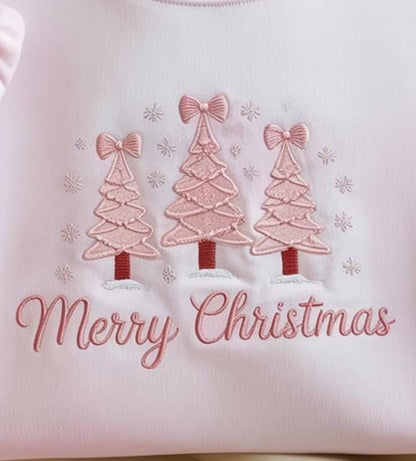 Pink Merry Christmas Sweatshirt Embroidered | Cute Pastel Christmas Tree Sweater | Cozy Holiday Gift for Her | Soft Pink Winter Crewneck