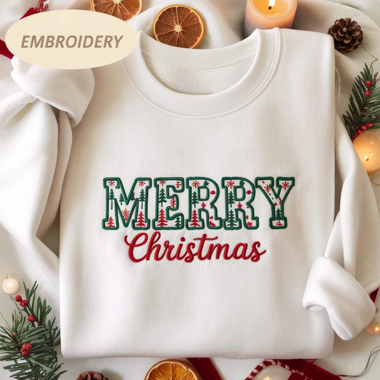 Merry Christmas Sweatshirt Embroidered, Cute Pastel Christmas Tree Sweater, Christmas Women Shirt, Christmas Tree Shirt, Gift for Her