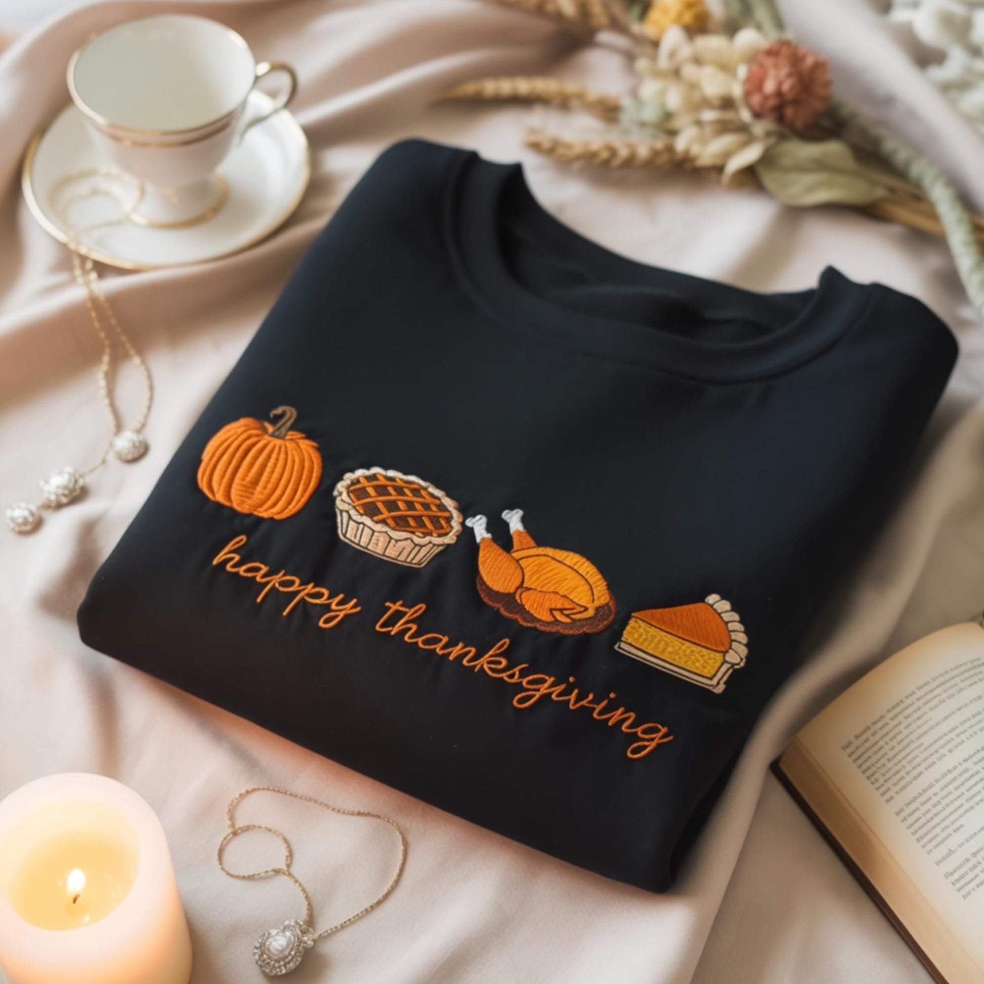 Happy Thanksgiving Sweatshirt, Fall Crewneck, Embroidered Thanksgiving Shirt, Pumpkin Pie Turkey Sweater, Autumn Harvest Gift