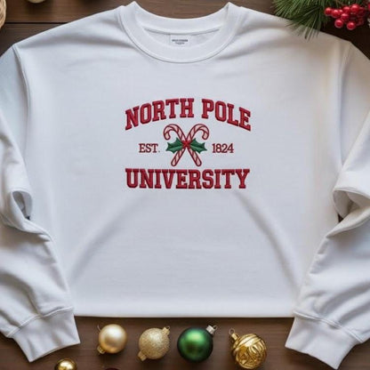 North Pole University Embroidered Sweatshirt, Christmas Embroidered Hoodie, Holiday Candy Cane Sweater, Festive Embroidery Christmas Gift