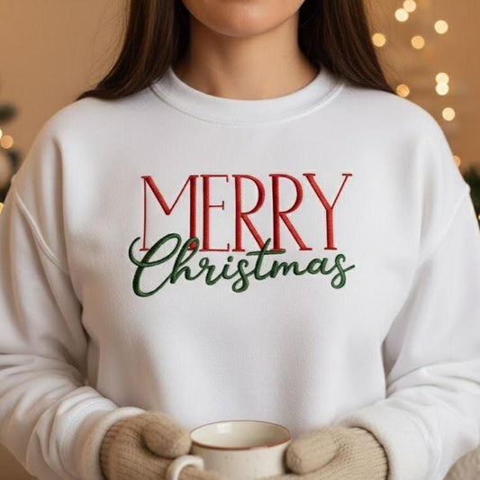 Embroidered Merry Christmas Sweatshirt, Festive Holiday Embroidery Tee, Cozy Xmas Crewneck, Cute Winter Gift Shirt