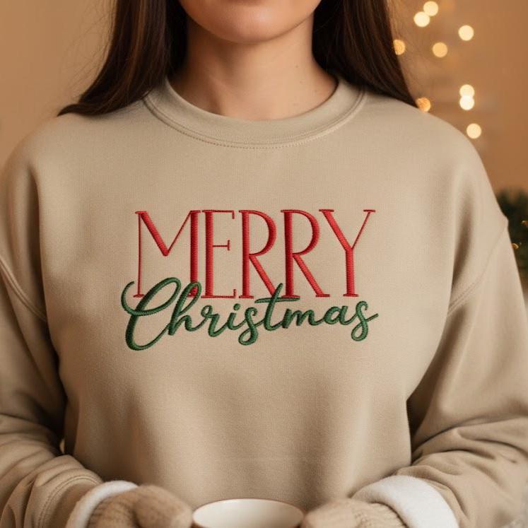 Embroidered Merry Christmas Sweatshirt, Festive Holiday Embroidery Tee, Cozy Xmas Crewneck, Cute Winter Gift Shirt
