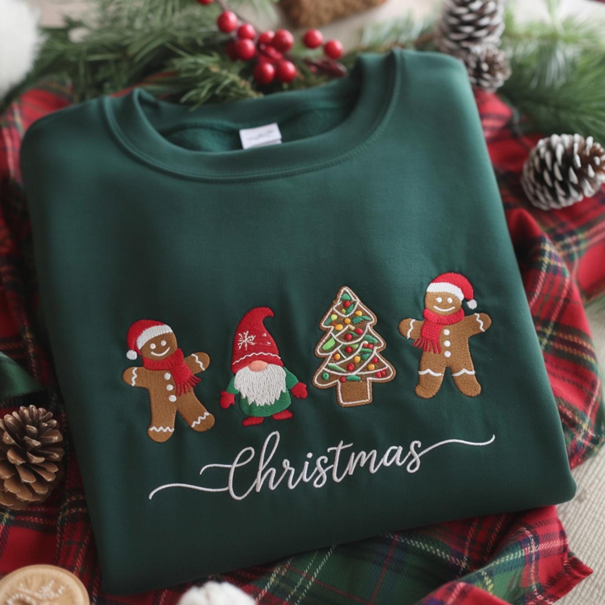 Christmas Gnome Sweatshirt, Embroidered Gingerbread Man Crewneck, Holiday Tree Sweater, Festive Green Christmas Shirt Gift