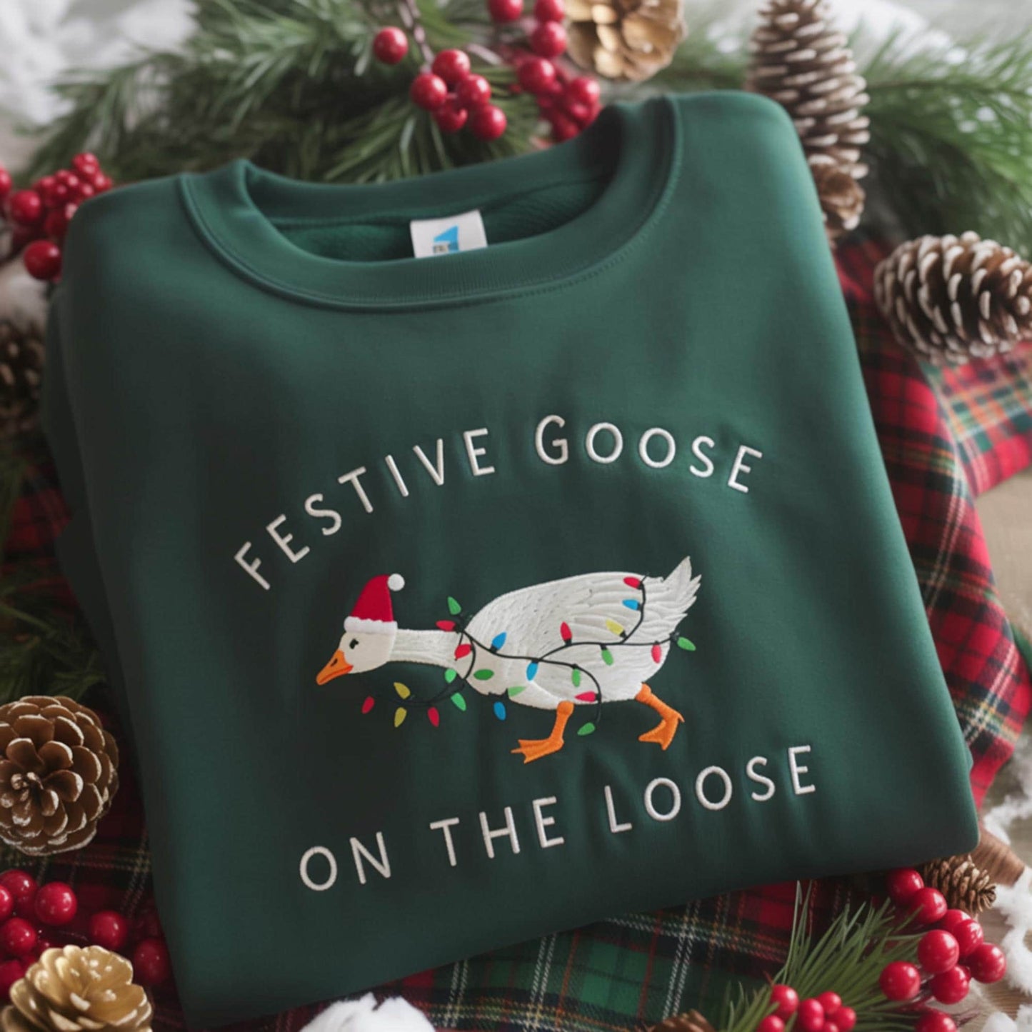 Festive Goose On The Loose Sweatshirt, Funny Christmas Goose Shirt, Embroidered Holiday Crewneck, Ugly Sweater Party Top
