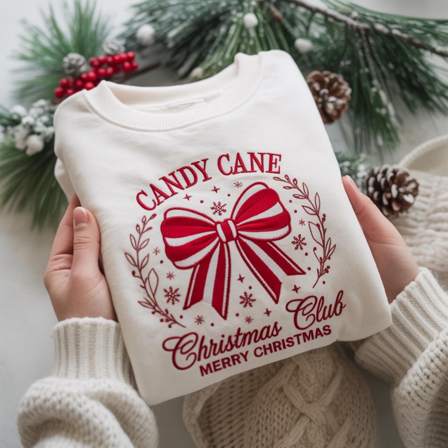 Candy Cane Christmas Club Sweatshirt, Embroidered Red Bow Crewneck, Holiday Wreath Shirt, Winter Candy Cane Gift, Xmas Club Top