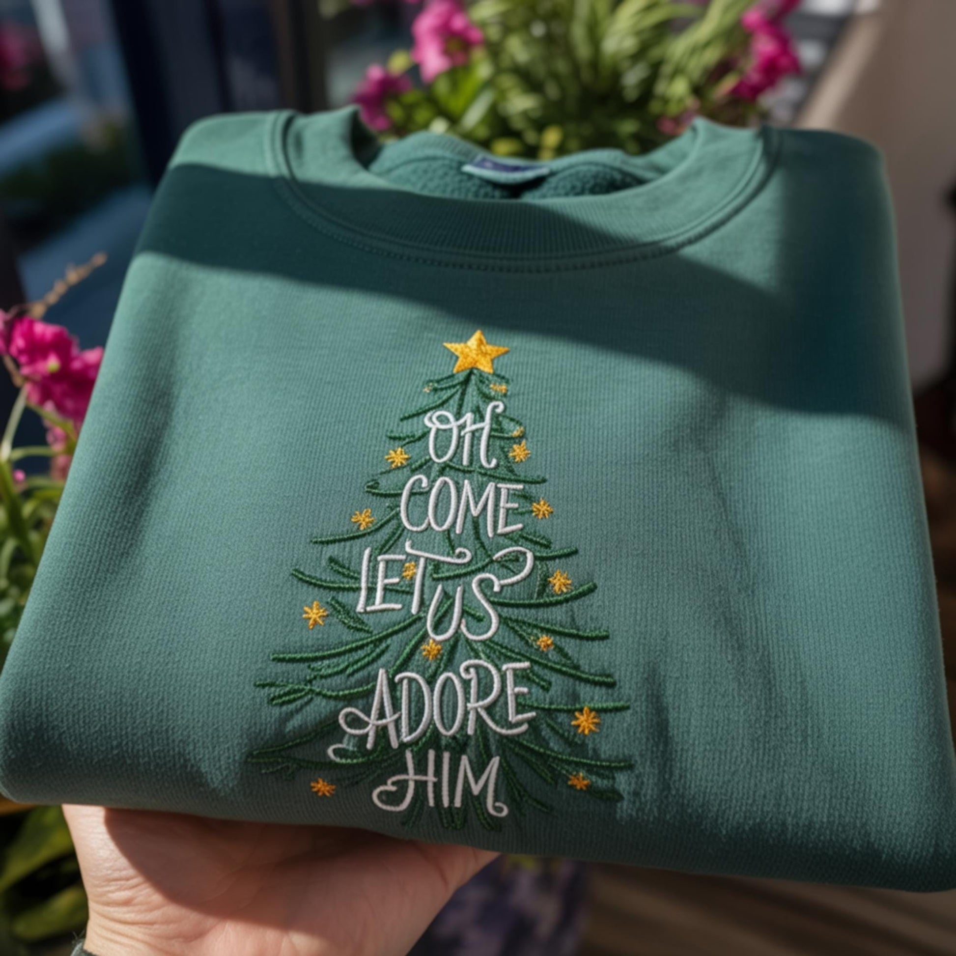 Oh Come Let Us Adore Him Sweatshirt, Religious Christmas Tree Crewneck, Embroidered Christian Holiday Shirt, Xmas Adoration Gift