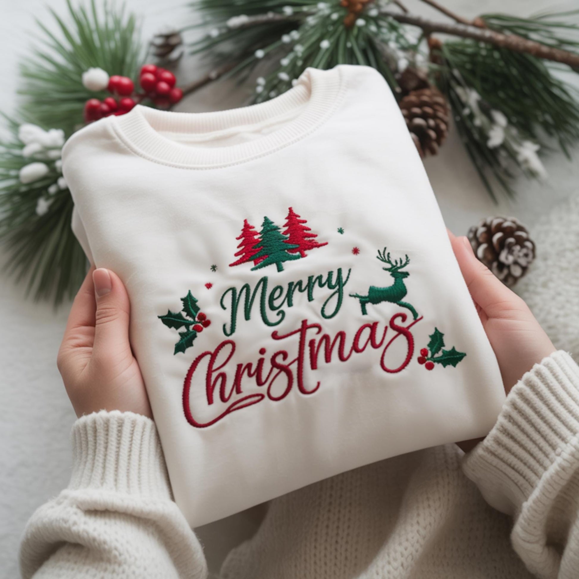 Merry Christmas Reindeer Sweatshirt, Embroidered Holiday Crewneck, Festive Holly Tree Sweater, Christmas Deer Shirt Gift