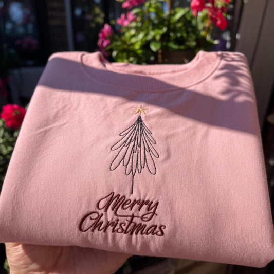 Pink Merry Christmas Sweatshirt, Embroidered Minimalist Tree Crewneck, Aesthetic Holiday Shirt, Cute Christmas Tree Gift