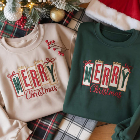 Embroidered MERRY Christmas Gift Box Sweatshirt, Holiday Crewneck, Matching Family Xmas Shirt, Festive Green Beige Pullover