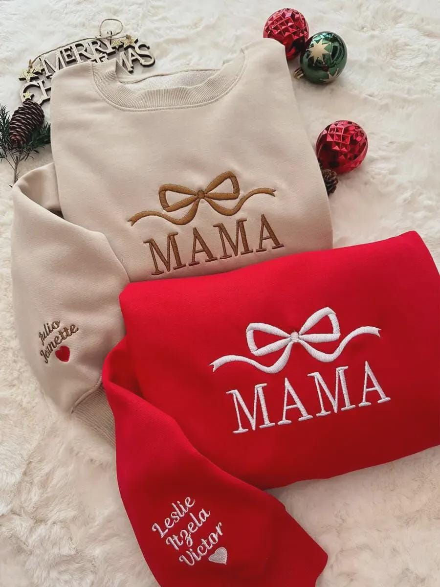 Personalized Mama Grandma Christmas Sweatshirt, Custom Kids Names Sleeve Embroidery, Holiday Bow Crewneck, Gift for Mom