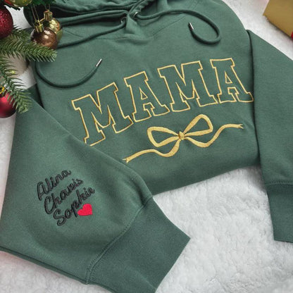 Custom Name Mama Bow Sweatshirt, Personalized Kids Name Sleeve Embroidery, Christmas Gift for Mom, Mommy Crewneck Top