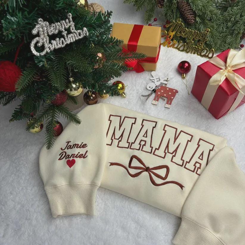 Custom Name Mama Bow Sweatshirt, Personalized Kids Name Sleeve Embroidery, Christmas Gift for Mom, Mommy Crewneck Top