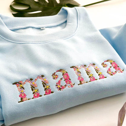 Embroidered Floral Mama Gigi Grandma Sweatshirt, Custom Flower Name Crewneck, Personalized Mother's Day Gift for Her