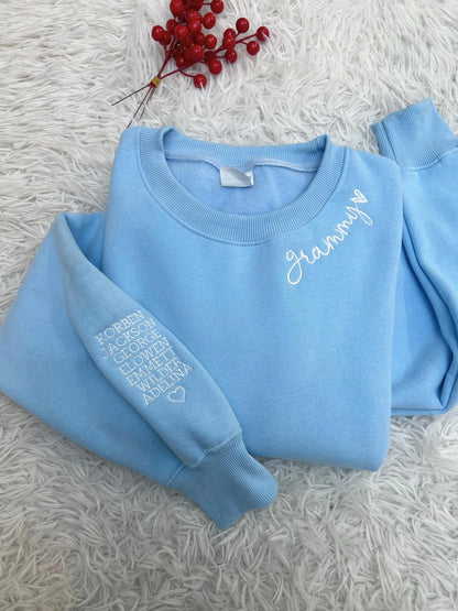 Personalized Granny Mama Sweatshirt with Kids Names on Sleeve, Custom Embroidered Grandchildren Names Crewneck, Gift for Grandma