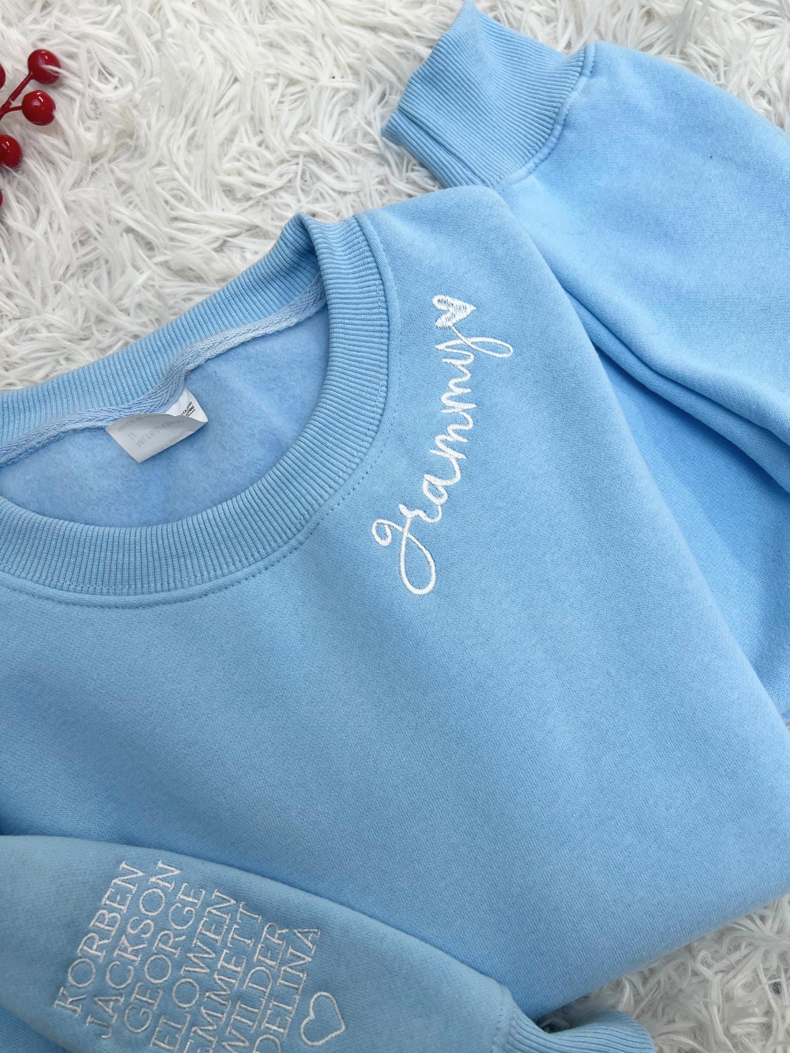 Personalized Granny Mama Sweatshirt with Kids Names on Sleeve, Custom Embroidered Grandchildren Names Crewneck, Gift for Grandma