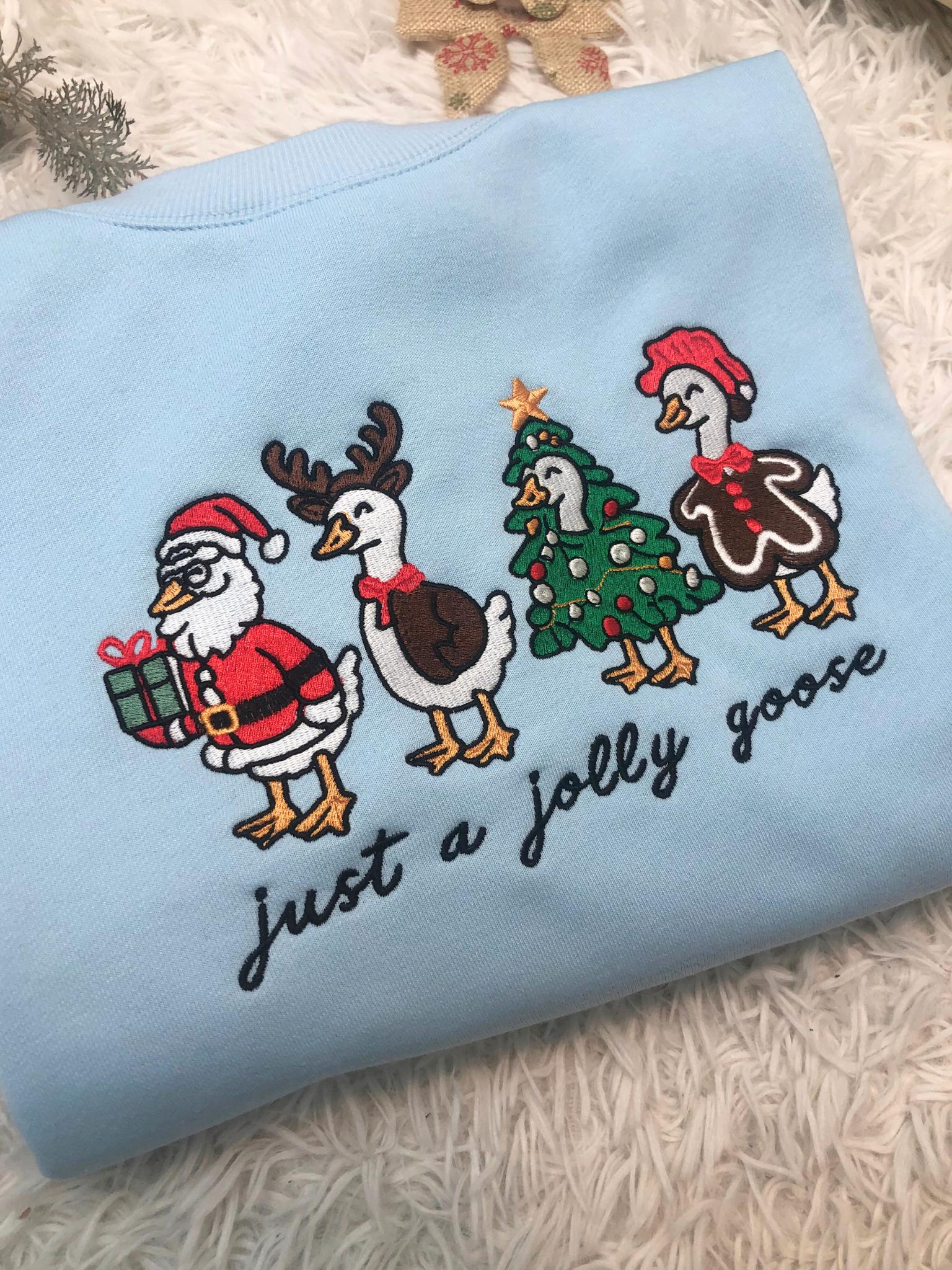 Christmas Goose Embroidered Sweatshirt, Festive Goose in Santa, Reindeer, Tree, Gingerbread Outfits, Funny Holiday Sweatshirt,Christmas Gift