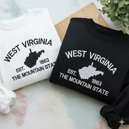 West Virginia Embroidered Crewneck Sweatshirt | State Flower Rhododendron Design | Cozy Vintage State Pride Pullover | Mountain Lover Gift